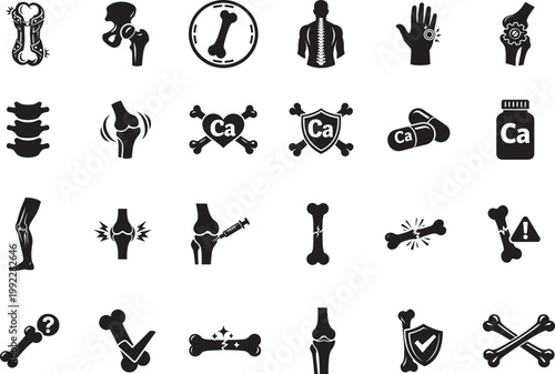 Bone icon set vector. Human joints, pain, osteoporosis care symbols editable EPS line pack.