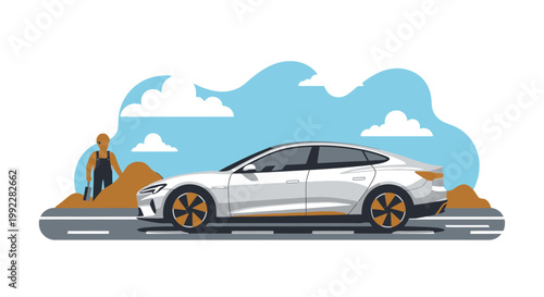 Modern silver car with person standing.