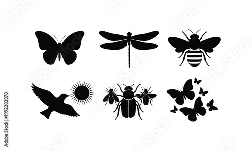 Silhouette collection of flying insects and birds includes butterfly dragonfly and beetle.
