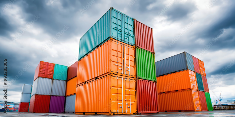 Fototapeta premium Shipping container stack for logistics trade under cloudy sky