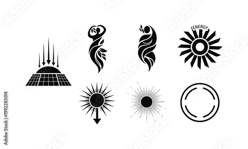 Solar panel technology and abstract human nature energy icons set vector silhouette design.