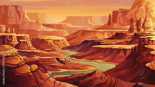 A cinematic cartoon background depicts a desert canyon with a river