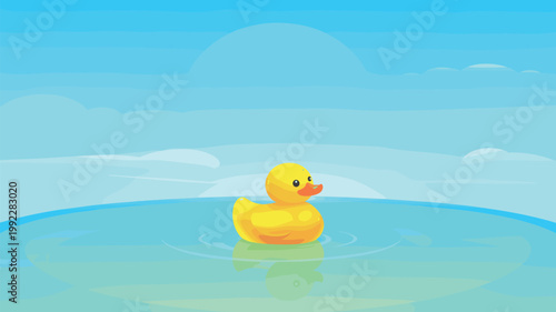 A digital illustration depicting a cheerful yellow rubber ducky floating