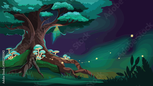 A magical forest scene with glowing mushrooms and soft fairy lights