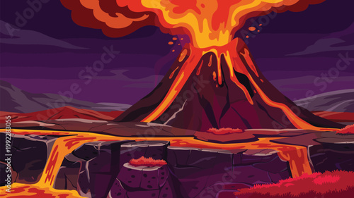 A dynamic cartoon illustration of a volcanic eruption with flowing lava
