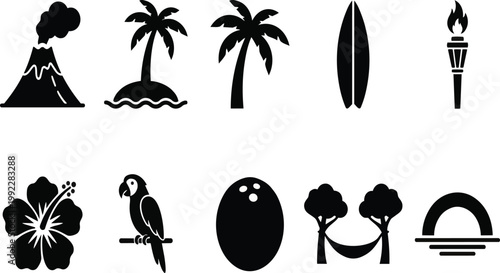 A collection of tropical icons in silhouette on transparent background