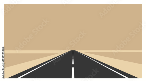 A straight, empty desert road with white dashed lines stretching into the horizon under a clear, vast sky.