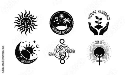 Summer festival sun solstice energy nature harmony vector illustration set.