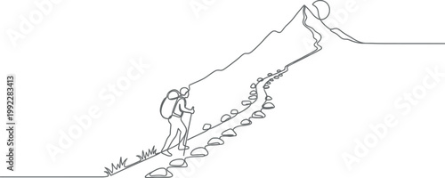 Continuous one line drawing of a determined person ascending a challenging mountain path, embodying resilience, adventure, and the human spirit of exploration towards a distant peak under the sun.