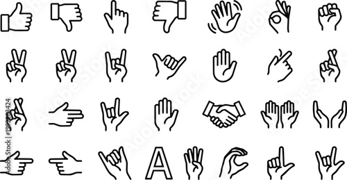 A diverse vector graphic illustration presenting a comprehensive collection of hand gestures, icons, and communicative signs for design projects.