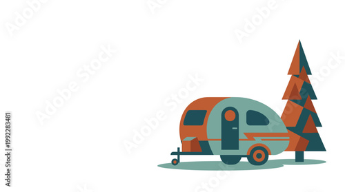 A stylized illustration of a small teardrop camper trailer parked next to a pine tree, depicting a minimalist outdoor adventure scene.