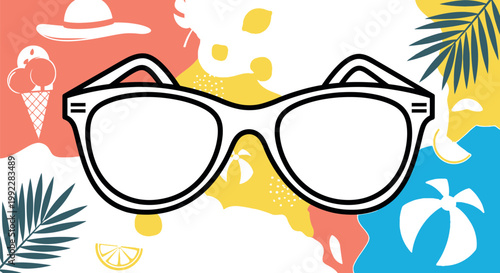 Stylish white sunglasses with black frames placed in the foreground against a vibrant, colorful abstract background filled with summer elements like ice cream, lemons, hats, and palm leaves.