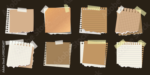 Set of torn paper notes and sticky sheets with tape, lined and grid textures, isolated on dark background. Realistic scrapbook elements for design, memo, and stationery concepts. Vector illustration