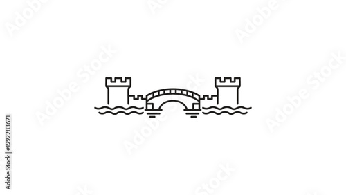 Minimalist Black Line Vector Icon Illustration of a Medieval Castle Bridge and Moat with Water Waves, Featuring Editable Stroke for Customizable Design, Isolated on White Background for Web.