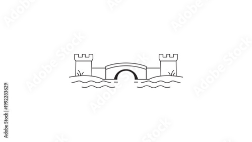 Minimalist black line vector icon of a medieval castle moat with two towers and a stone bridge over water. This editable stroke illustration features a clean outline design on white background.