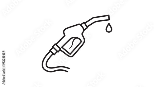 Minimalist black line vector icon of a gas station fuel pump nozzle with a drop of gasoline, featuring an editable stroke for customizable line weight, isolated on a white background illustration.