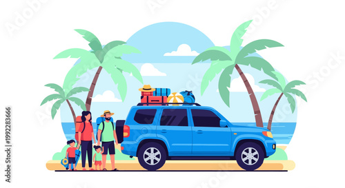 Family on Vacation with Blue SUV.