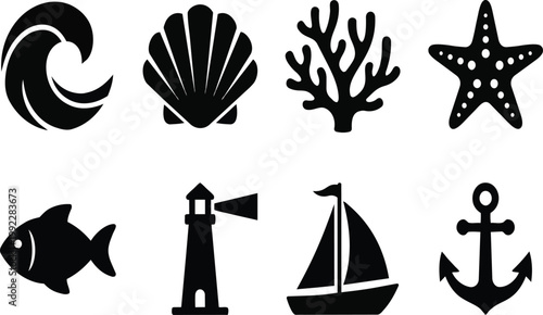 Set of diverse marine themed vector icons displaying a wave shell coral starfish fish lighthouse sailboat and anchor graphic elements designed for professional nautical branding and creative ocean rel