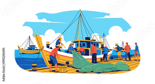 Fishermen Unloading Catch From Boat.