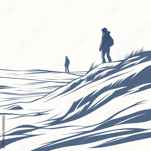 A minimalist vector illustration of two people standing on a snowy hill with a serene landscape