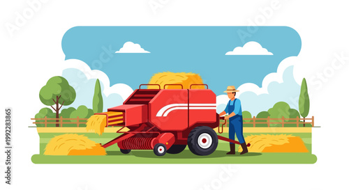 Man operating red combine harvester machine.