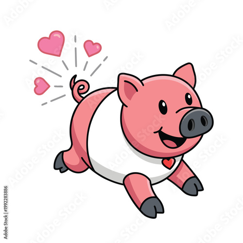 Joyful Piglet Cartoon Character with Hearts for Valentines Day.