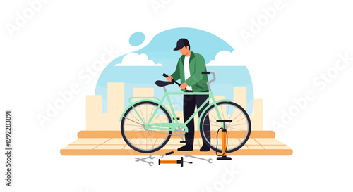 Man repairing a bicycle wheel.