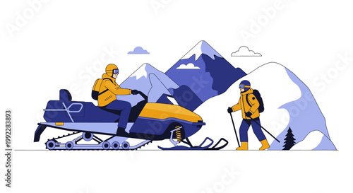 Man Riding Snowmobile Winter Sports Action.