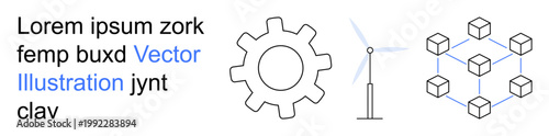 Technology, innovation, clean energy, blockchain systems, industrial processes, eco-friendly solutions. Gear, wind turbine interconnected cubes in a network. Technology and clean energy concepts