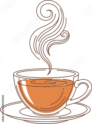A transparent teacup filled with warm amber liquid shows steam rising in artistic swirls, evoking comfort and a refreshing beverage experience.