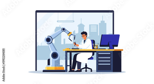 Man working with robotic arm technology.