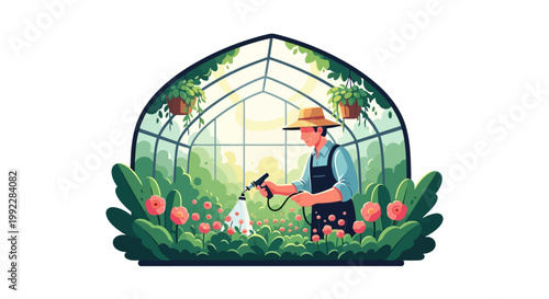 Man wearing hat and overalls gardening.