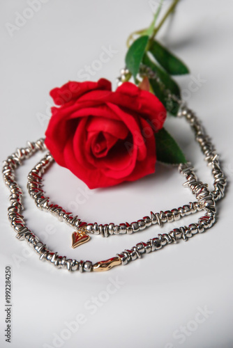 Exquisite silver beaded necklace with heart pendant, paired with vibrant red rose on white background