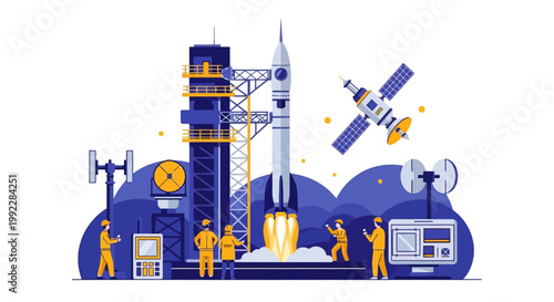 Rocket Launch with Engineers and Satellite.
