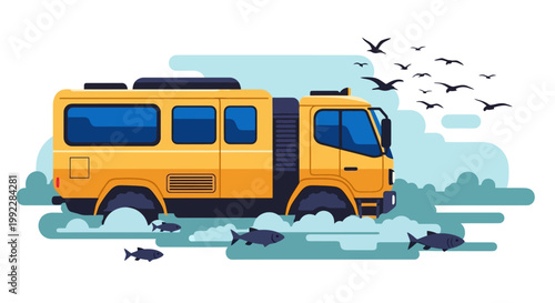 School Bus in the Water with Fish.