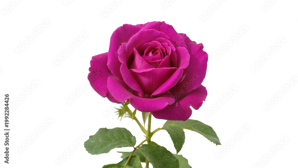 Fototapeta premium Isolated single vibrant magenta rose flower with green stem and leaves, elegant fresh bloom