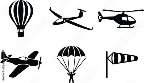 A set of black silhouettes of various aircraft on transparent background