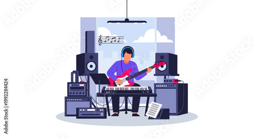 Young man playing electric guitar indoors.