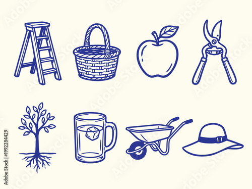 Collection of Gardening and Orchard Related Hand Drawn Illustrations.