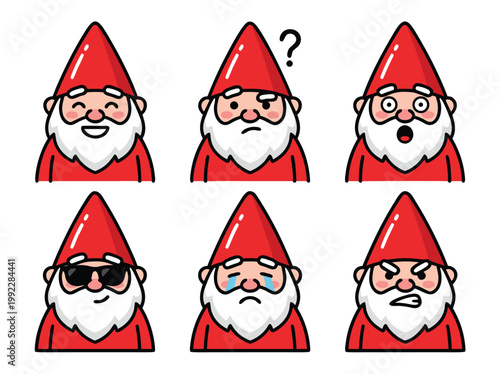 Collection of Gnome Emoticons with Various Expressions and Red Hats.