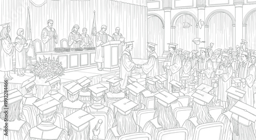 Students in caps and gowns attending a formal university graduation ceremony while walking across the stage to receive their earned diplomas from the college dean in a large crowded academic hall