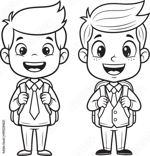 Two happy cartoon boys in school uniforms with backpacks black and white outline drawing for kids education white background coloring book child art line art formal wear full body go to school
