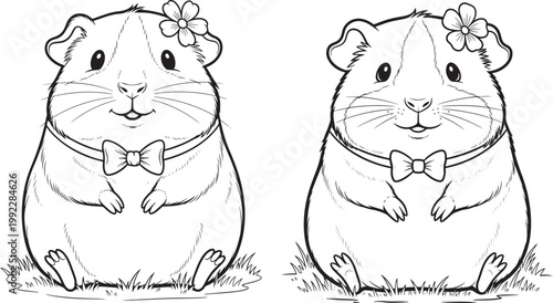 Two happy cartoon guinea pigs with bow ties and flowers black and white outline drawing for coloring book guinea pig bow tie white background child art kids activity line art hand drawn