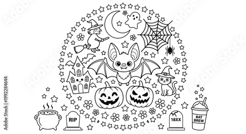A whimsical halloween illustration featuring bats ghosts and pumpkins