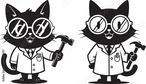 Cartoon cat characters wearing lab coats and round glasses holding hammers as construction workers or engineers silhouette illustration set with character laboratory engineer scientist silhouette