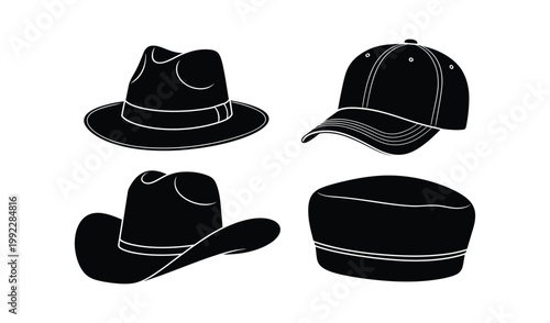 Collection of Four Distinct Black Hats: Cowboy, Fedora, Baseball Cap, and Flat Cap, Isolated on White Background