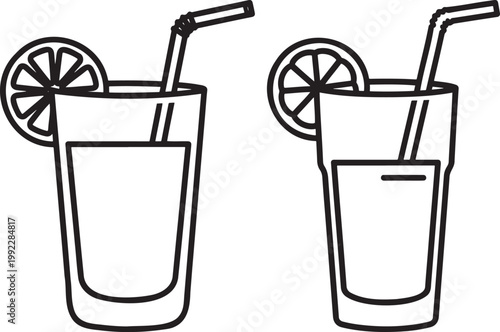 Refreshing summer cold drink icons in glasses with straws and citrus lemon slices line art beverage refreshment lemonade cocktail isolated restaurant vacation tropical mocktail drinking