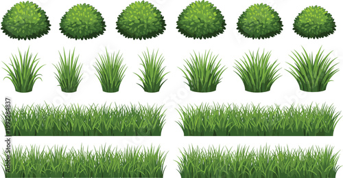 Green Bush and Grass Collection with Lawn Borders and Garden Plants for Nature Landscape Design, Outdoor Decoration and Ground Vector Illustration Set
