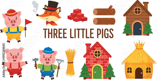 Three little pigs fairy tale vector set with pig characters, wolf, straw, wood and brick houses, cute children story illustration collection isolated