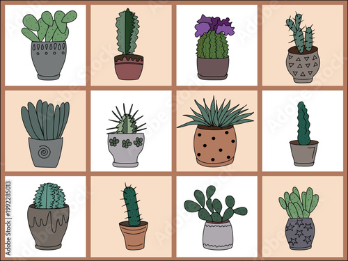 A colorful collection of various blooming cactus and succulent plants, perfect for desert and Mexican-themed designs. Cactus vector stickers